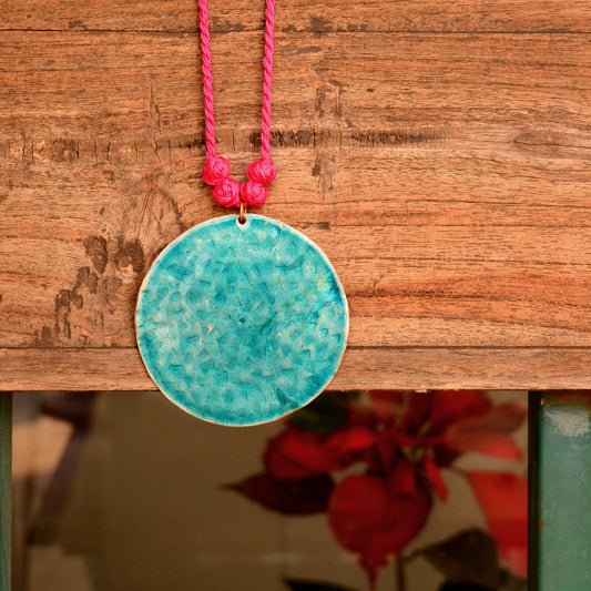 Turquoise Beaten Copper Necklace with Cotton Adjustable String by Ekibeki