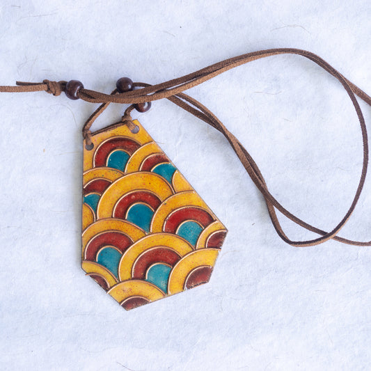 Retro Style Copper Enamel Pendent Necklace with Faux Leather String and Wooden Beads by Ekibeki