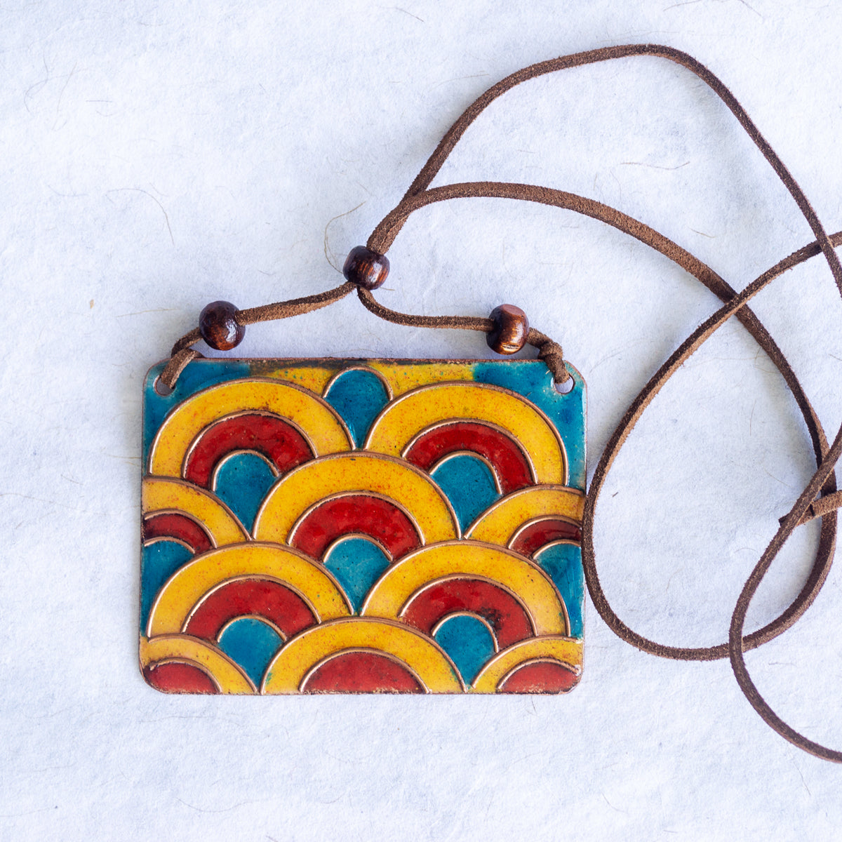 Retro Style Copper Enamel Pendent Necklace with Faux Leather String and Wooden Beads by Ekibeki