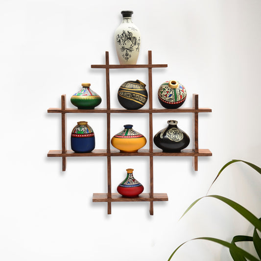 8 Terracotta Warli Handpainted Pots with Sheesham Wood Frame Wall Hanging
