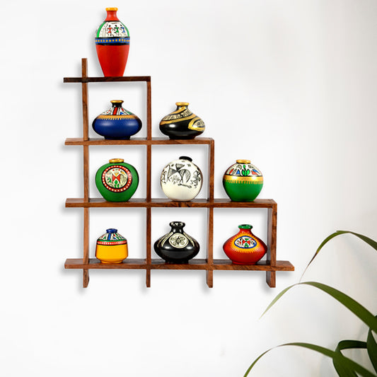 9 Terracotta Warli Handpainted Pots with Sheesham Wooden Frame Wall Hanging