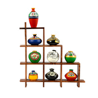 9 Terracotta Warli Handpainted Pots with Sheesham Wooden Frame Wall Hanging