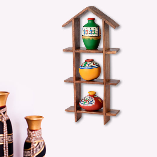 3 Terracotta Warli Handpainted Pots with Sheesham Wooden Hut Frame Wall Hanging