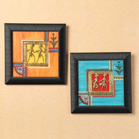 Sunset Orange & Ocean Blue Warli Handpainted & Dhokra Square Wooden Wall Frames (Set of 2)