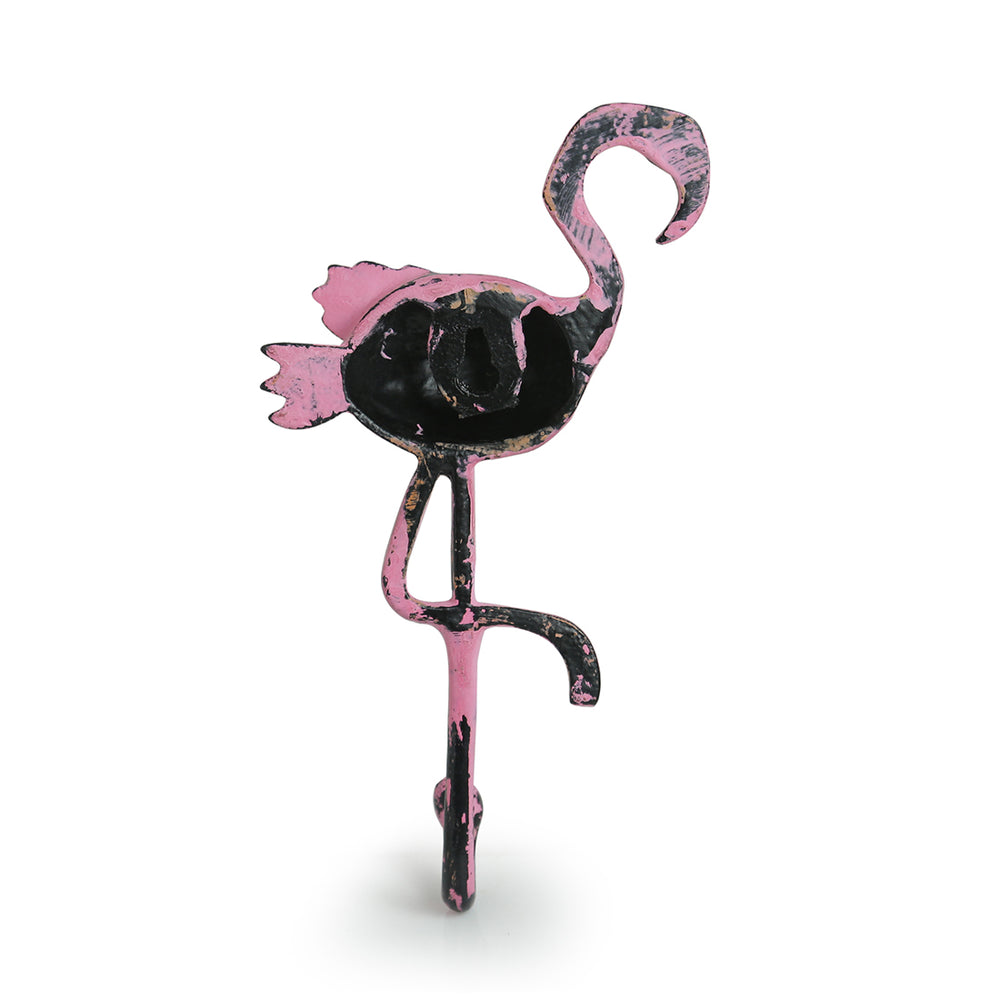 The Blushing Flamingo' Rustic Aluminium Wall Decor & Wall Hook (8.7 Inch)