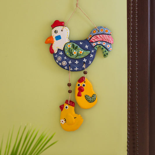 'Rooster & Chicks'  Handmade & Handpainted Terracotta Decorative Wall Hanging