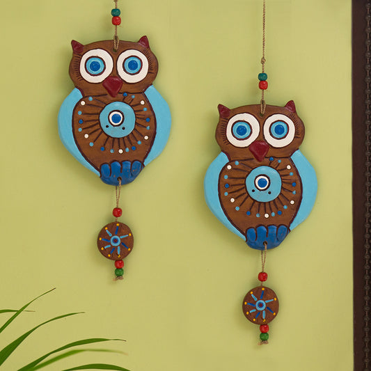 'Wise Owls' Handmade & Handpainted Terracotta Decorative Wall Hangings (Set of 2)