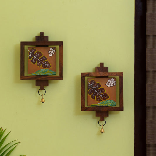 'Shades of a Leaf' Hand Painted Wall Hanging In Sheesham Wood & Terracotta (Set of 2)