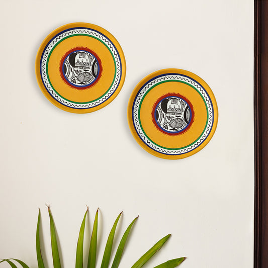 'The Madhubani Tales' Hand Painted Terracotta Wall Plates Wall Décor (8 inch, Set of 2, Yellow)