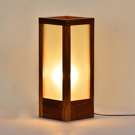 Modern Frosted Glass Table Lamp In Sheesham Wood (10 Inch)