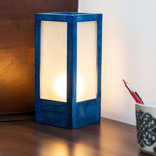 Wooden Table Lamp with Frosted Glass In Berry Blue (10 Inch)