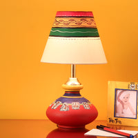 'Warli In Light' Handpainted Pot Shaped Round Table Lamp In Terracotta