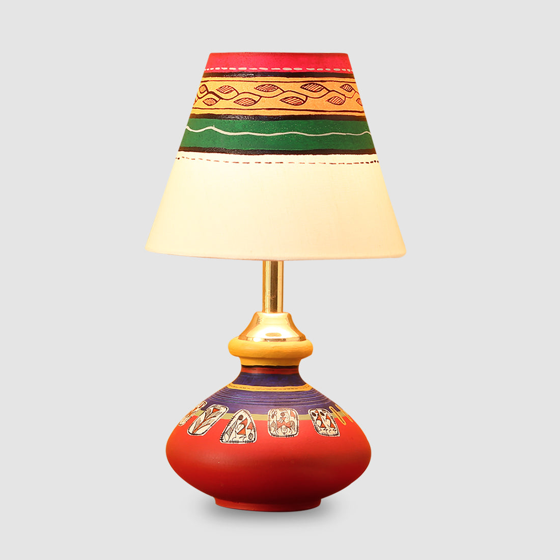 'Warli In Light' Handpainted Pot Shaped Round Table Lamp In Terracotta