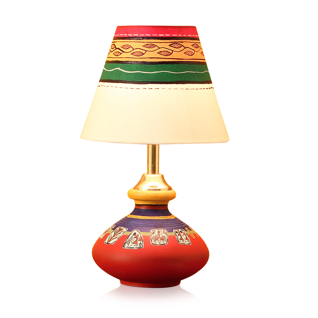 'Warli In Light' Handpainted Pot Shaped Round Table Lamp In Terracotta