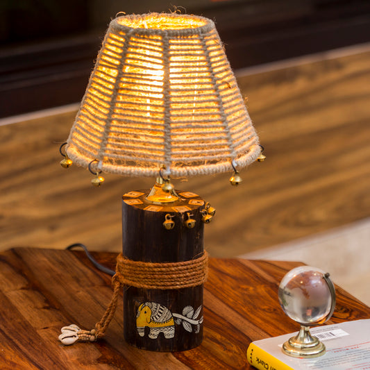'The Jute-Shade Log' Madhubani Handpainted Table Lamp In Wood