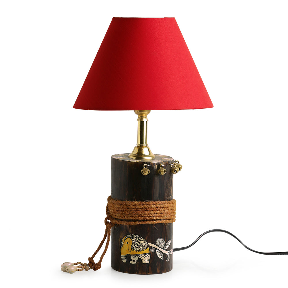 'The Red-Shade Log' Madhubani Handpainted Table Lamp In Wood