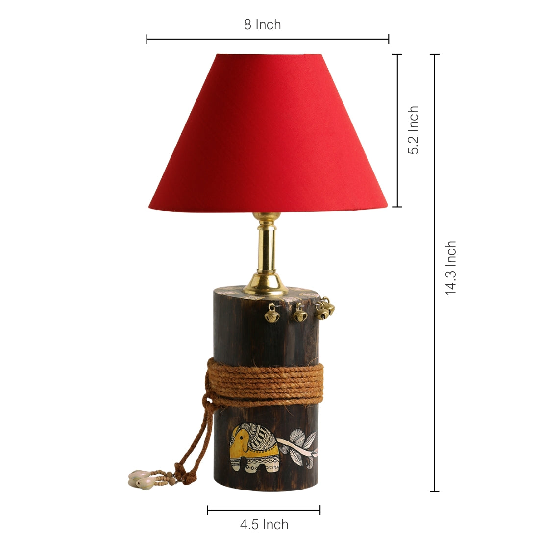 'The Red-Shade Log' Madhubani Handpainted Table Lamp In Wood