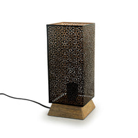 'Moroccan Shimmer' Hand Etched Iron & Mango Wood Table Lamp (12 Inch, Black)