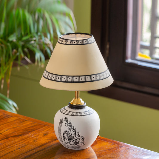 'The Warli Tales' Handpainted Table Lamp In Terracotta (13 Inch, White)