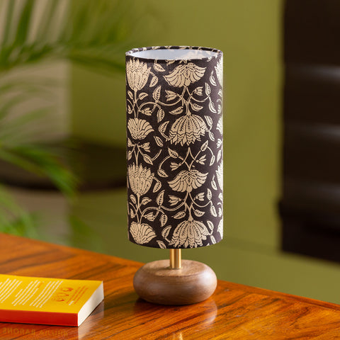 'Blooming Lotus' Cylindrical Table Lamp In Mango Wood (14 Inch)