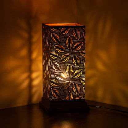 'Leafy Plants' Hand Etched Table Lamp In Iron & Mango Wood (12 Inch)
