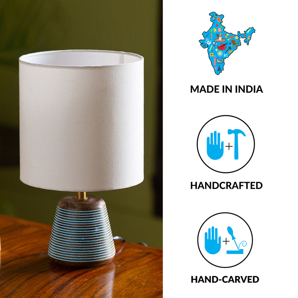 'Blue-Carved' Table Lamp In Mango Wood (14 Inch)