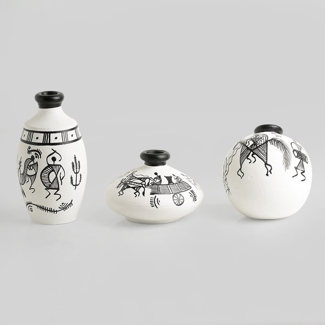 Terracotta Warli Handpainted Miniature White Pots Showpieces (Set Of 3)