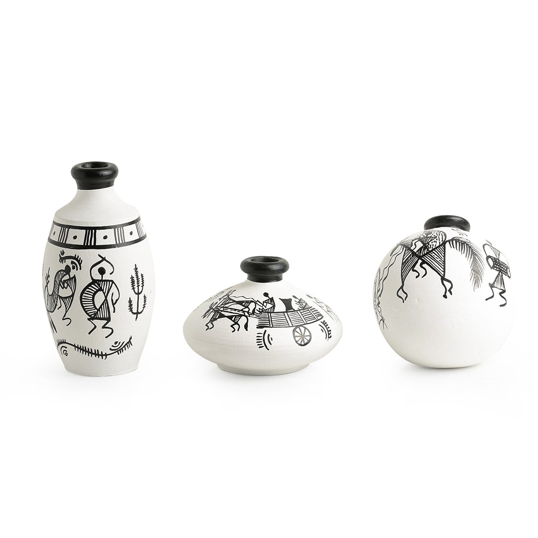 Terracotta Warli Handpainted Miniature White Pots Showpieces (Set Of 3)