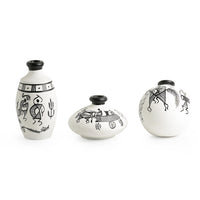 Terracotta Warli Handpainted Miniature White Pots Showpieces (Set Of 3)