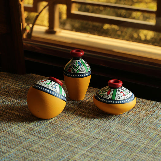 Terracotta Warli Handpainted Miniature Yellow Pots Showpieces (Set Of 3)