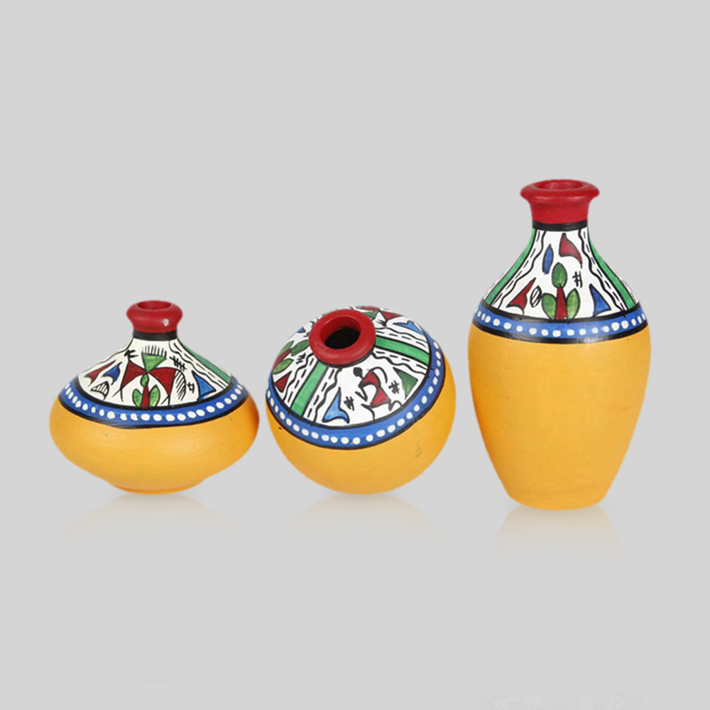 Terracotta Warli Handpainted Miniature Yellow Pots Showpieces (Set Of 3)