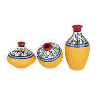 Terracotta Warli Handpainted Miniature Yellow Pots Showpieces (Set Of 3)