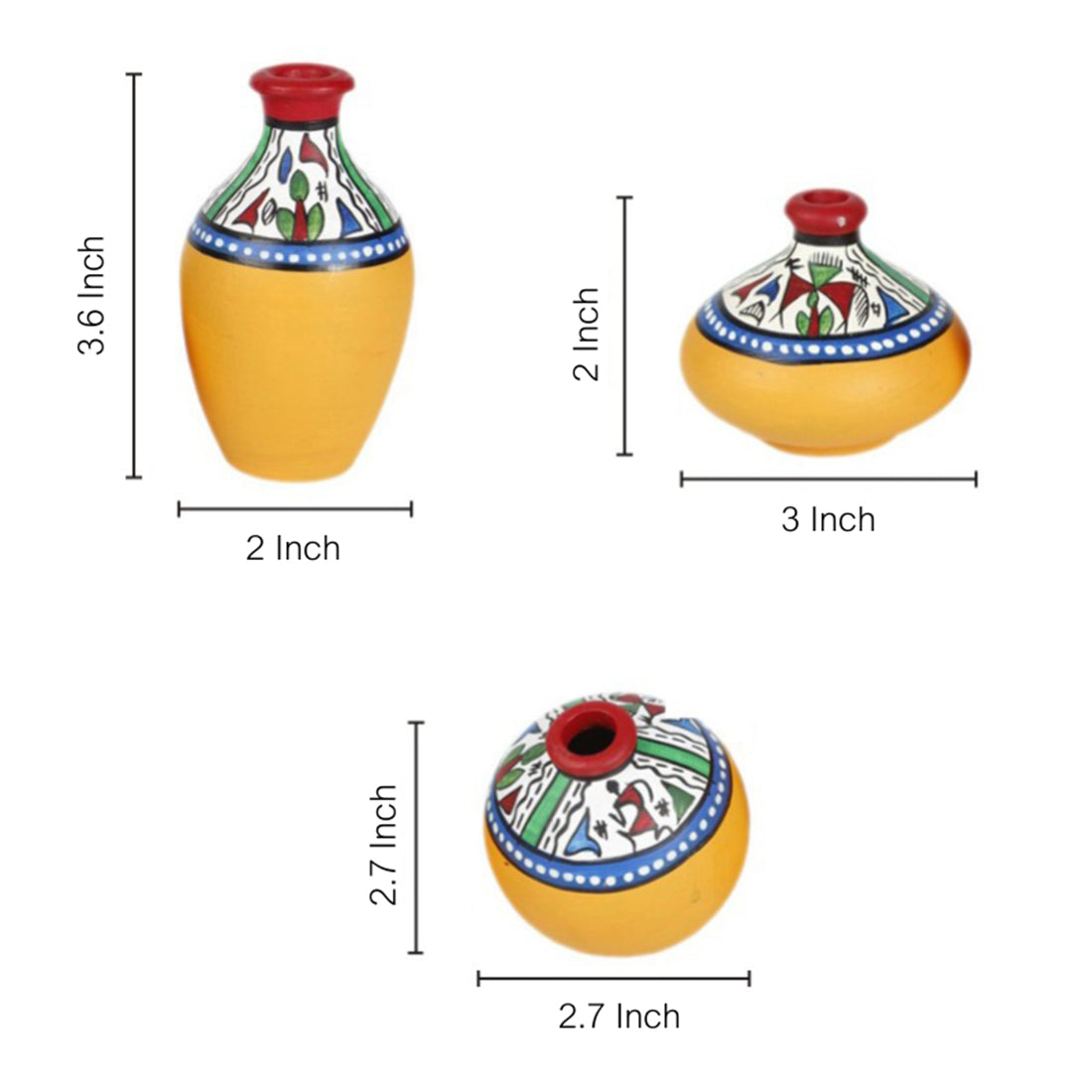 Terracotta Warli Handpainted Miniature Yellow Pots Showpieces (Set Of 3)