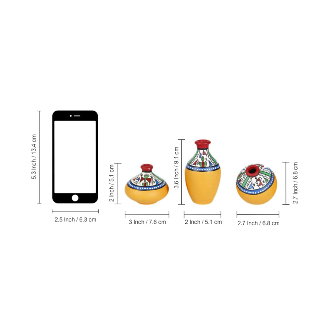 Terracotta Warli Handpainted Miniature Yellow Pots Showpieces (Set Of 3)