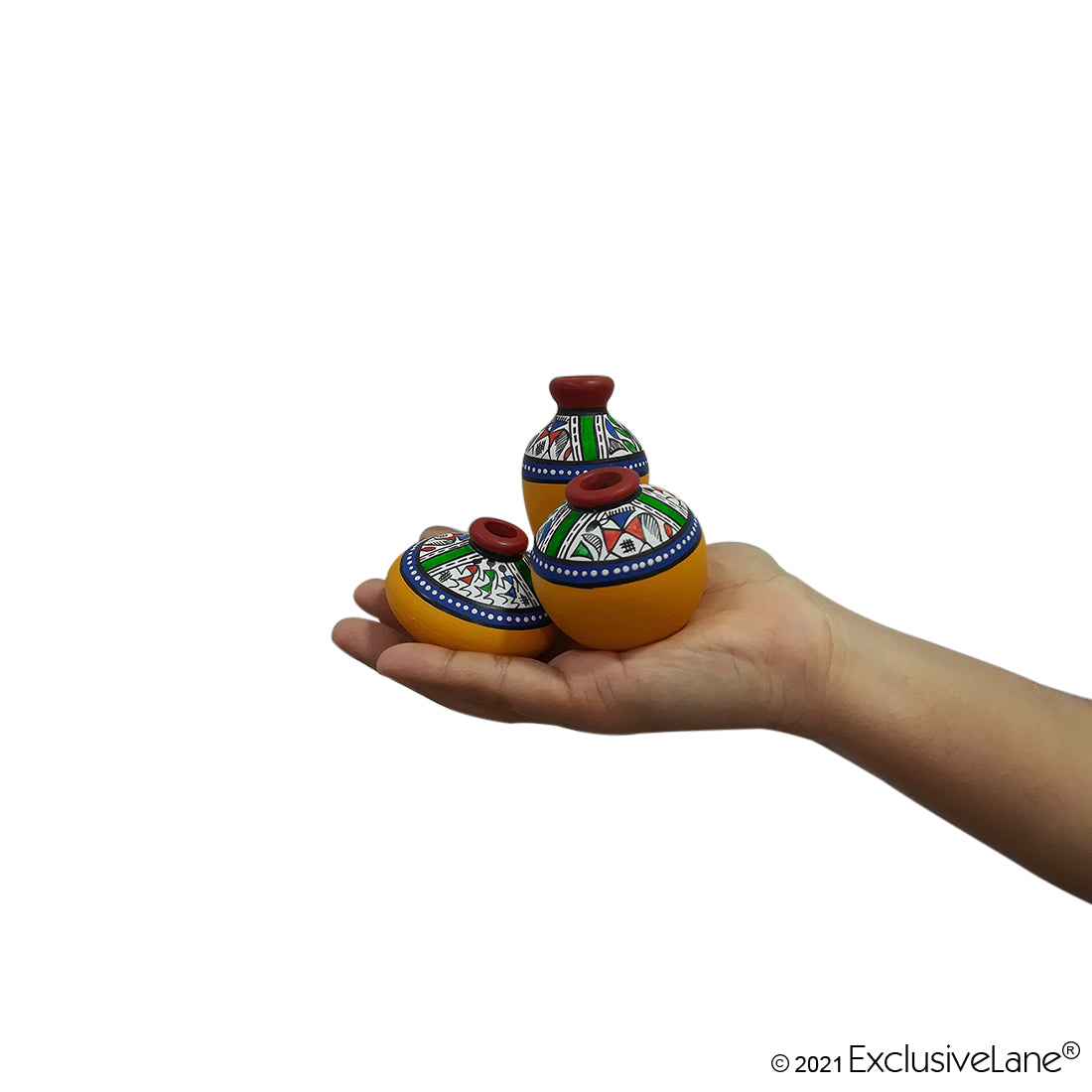 Terracotta Warli Handpainted Miniature Yellow Pots Showpieces (Set Of 3)