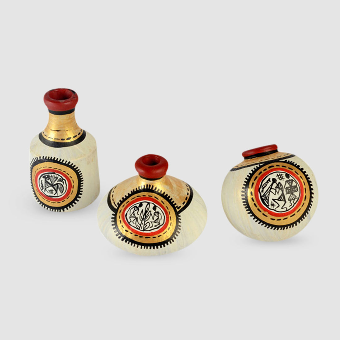 Terracotta Warli Handpainted Miniature Natural White Pots Showpieces (Set Of 3)