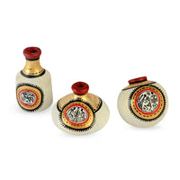 Terracotta Warli Handpainted Miniature Natural White Pots Showpieces (Set Of 3)