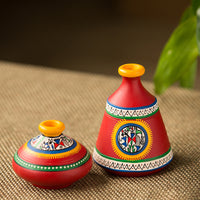 Terracotta Warli Handpainted Pots Showpieces In Red (Set Of 2)