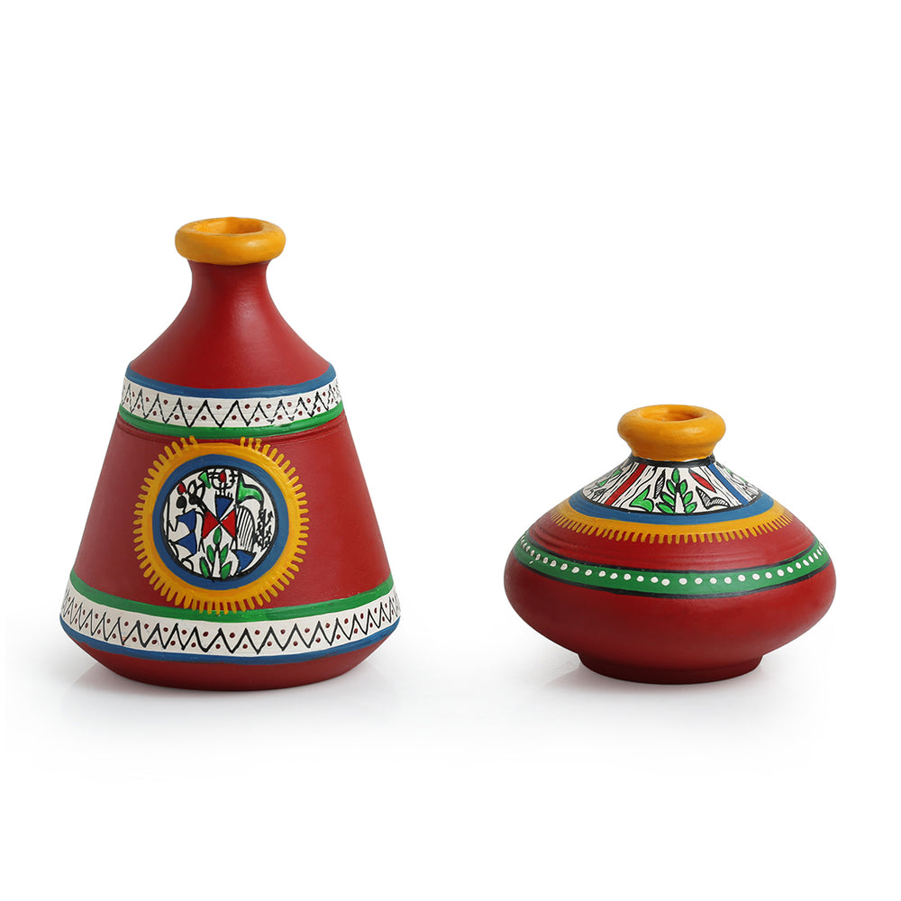 Terracotta Warli Handpainted Pots Showpieces In Red (Set Of 2)