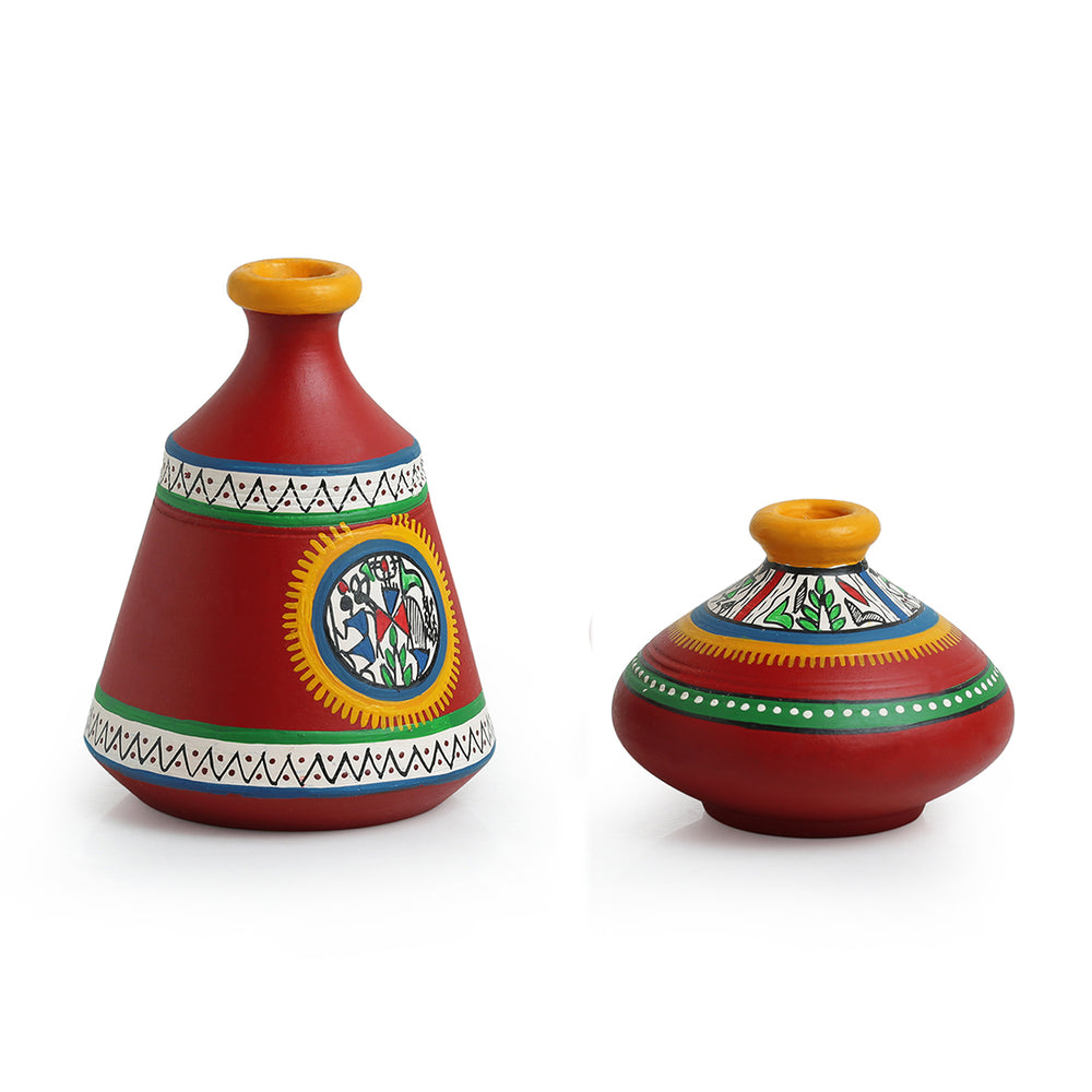 Terracotta Warli Handpainted Pots Showpieces In Red (Set Of 2)