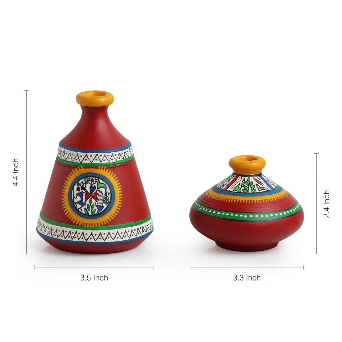 Terracotta Warli Handpainted Pots Showpieces In Red (Set Of 2)
