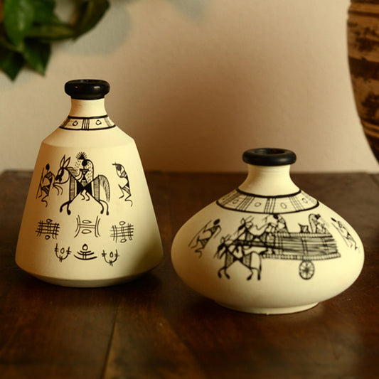 Terracotta Warli Handpainted Pots Showpieces In White (Set Of 2)