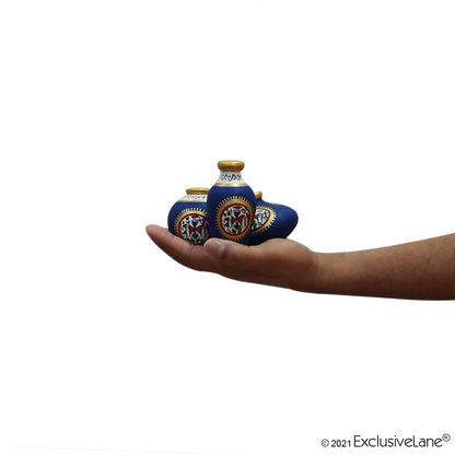 Terracotta Warli Handpainted Miniature Blue Pots Showpieces (Set Of 3)