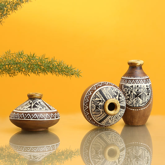'Three Little Terracotta Pots Showpieces' with Warli Handpainted In Natural Mud Brown (Set Of 3)