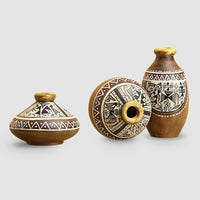 'Three Little Terracotta Pots Showpieces' with Warli Handpainted In Natural Mud Brown (Set Of 3)