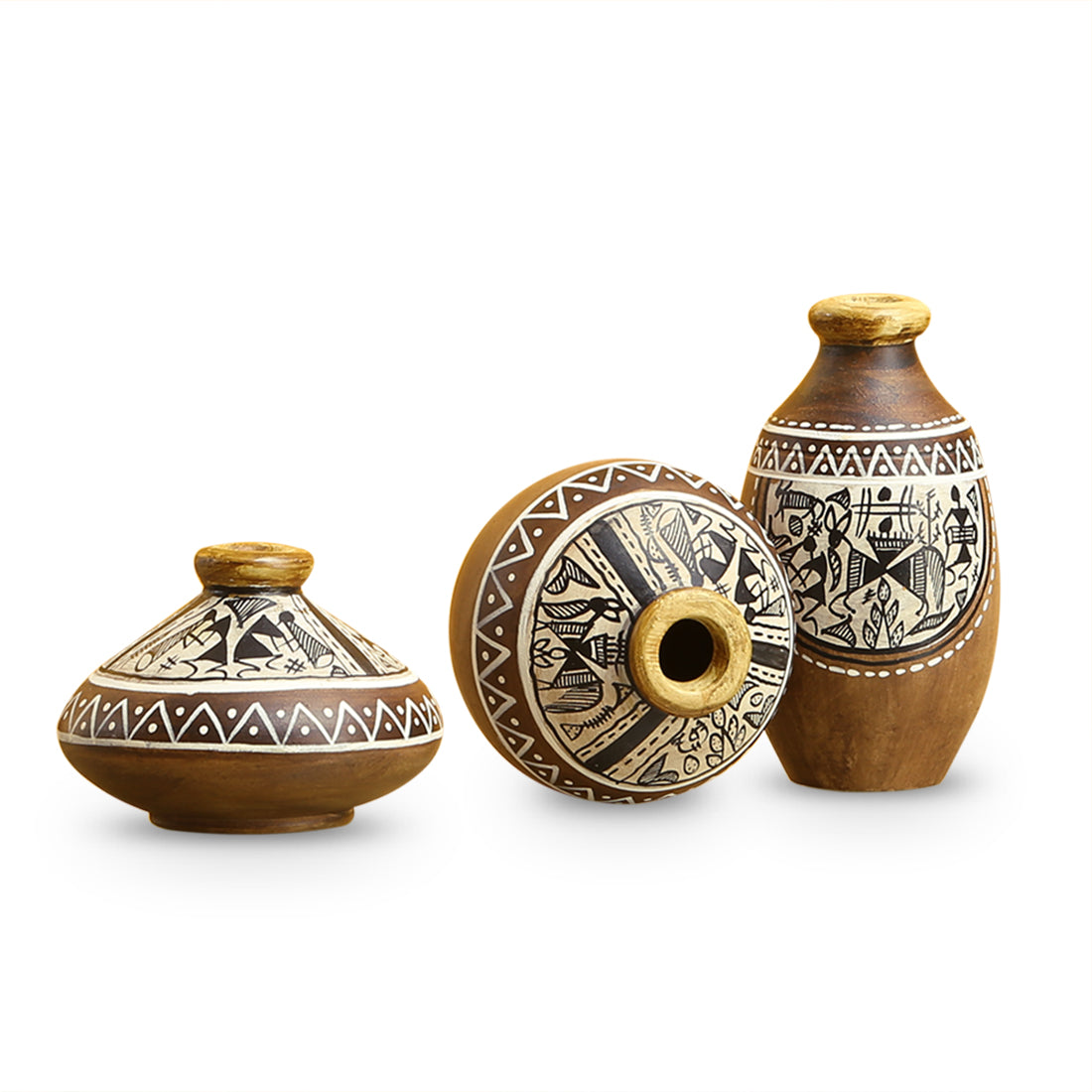 'Three Little Terracotta Pots Showpieces' with Warli Handpainted In Natural Mud Brown (Set Of 3)