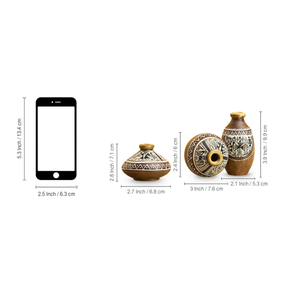 'Three Little Terracotta Pots Showpieces' with Warli Handpainted In Natural Mud Brown (Set Of 3)