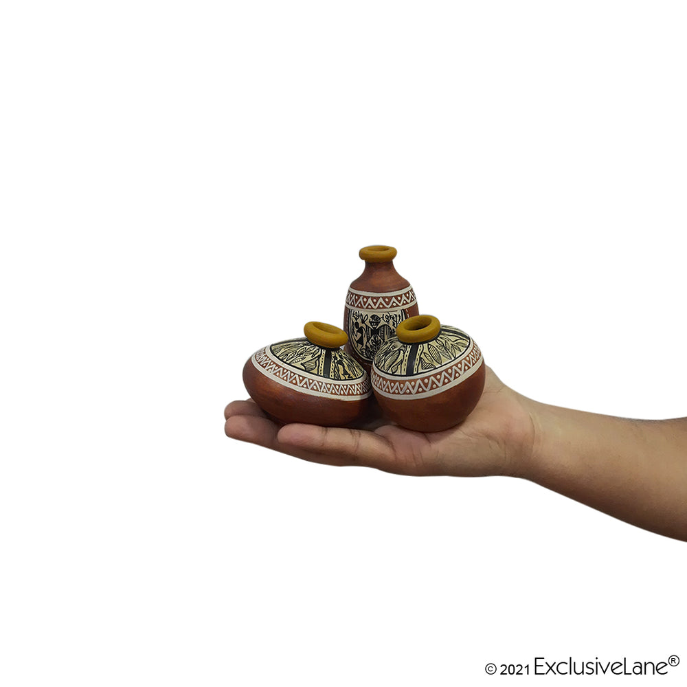 'Three Little Terracotta Pots Showpieces' with Warli Handpainted In Natural Mud Brown (Set Of 3)