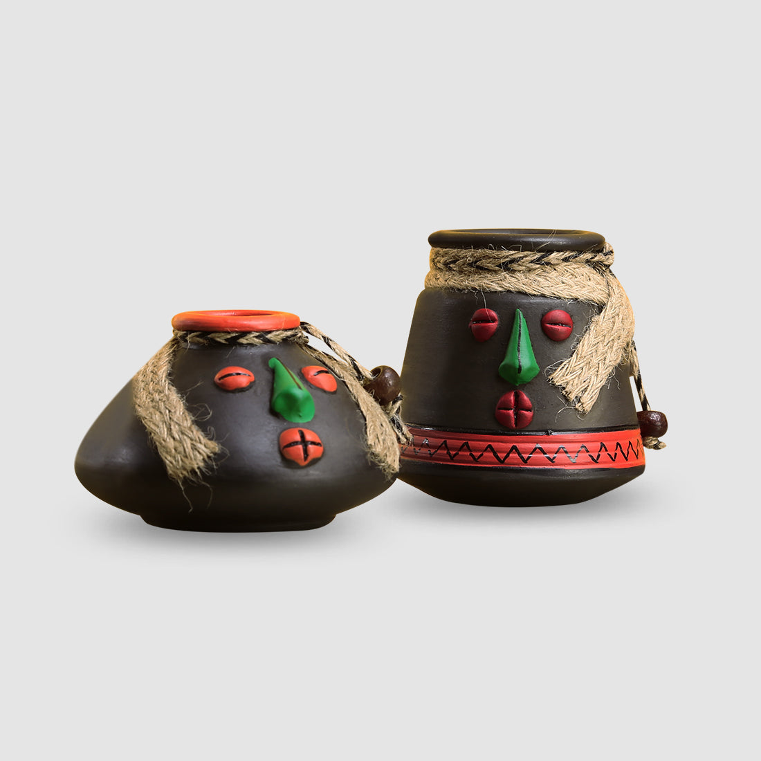 'Tribal Rustic Pot-Faces' In Terracotta with Jute Detailing Pots Showpieces (Set Of 2)
