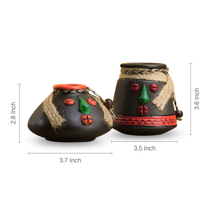 'Tribal Rustic Pot-Faces' In Terracotta with Jute Detailing Pots Showpieces (Set Of 2)